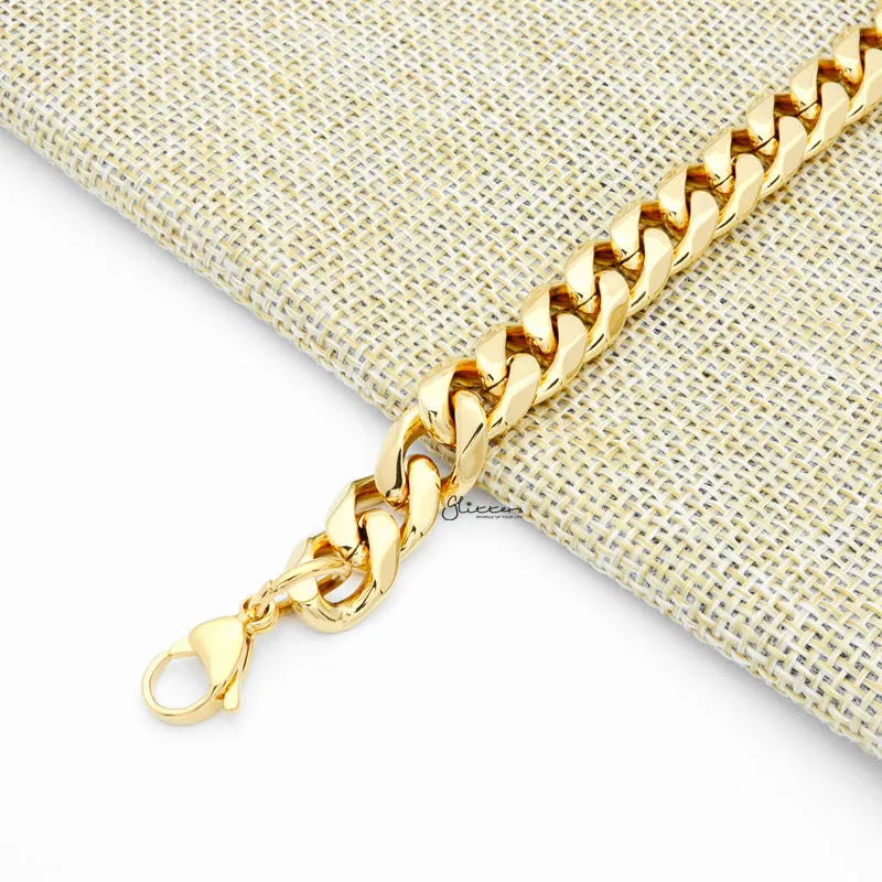 18K Gold I.P Stainless Steel Beveled Cuban Chain Bracelet - 11mm Width