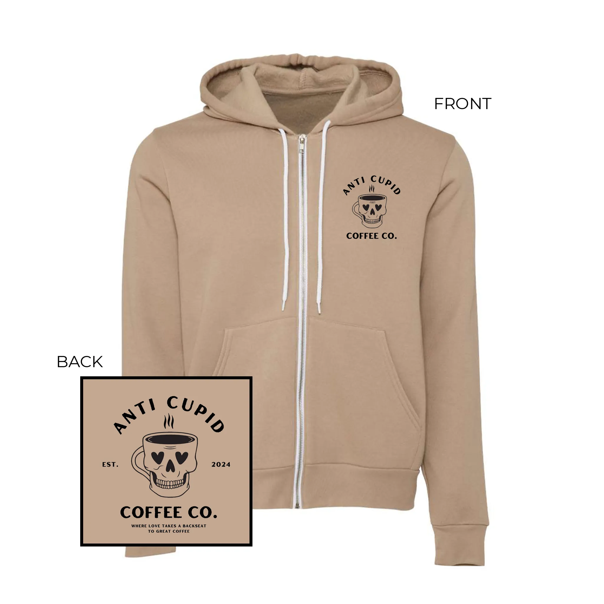 Anti Cupid Coffee Co. (Pocket & Back) - Zip-up Hoodie (Toffee)