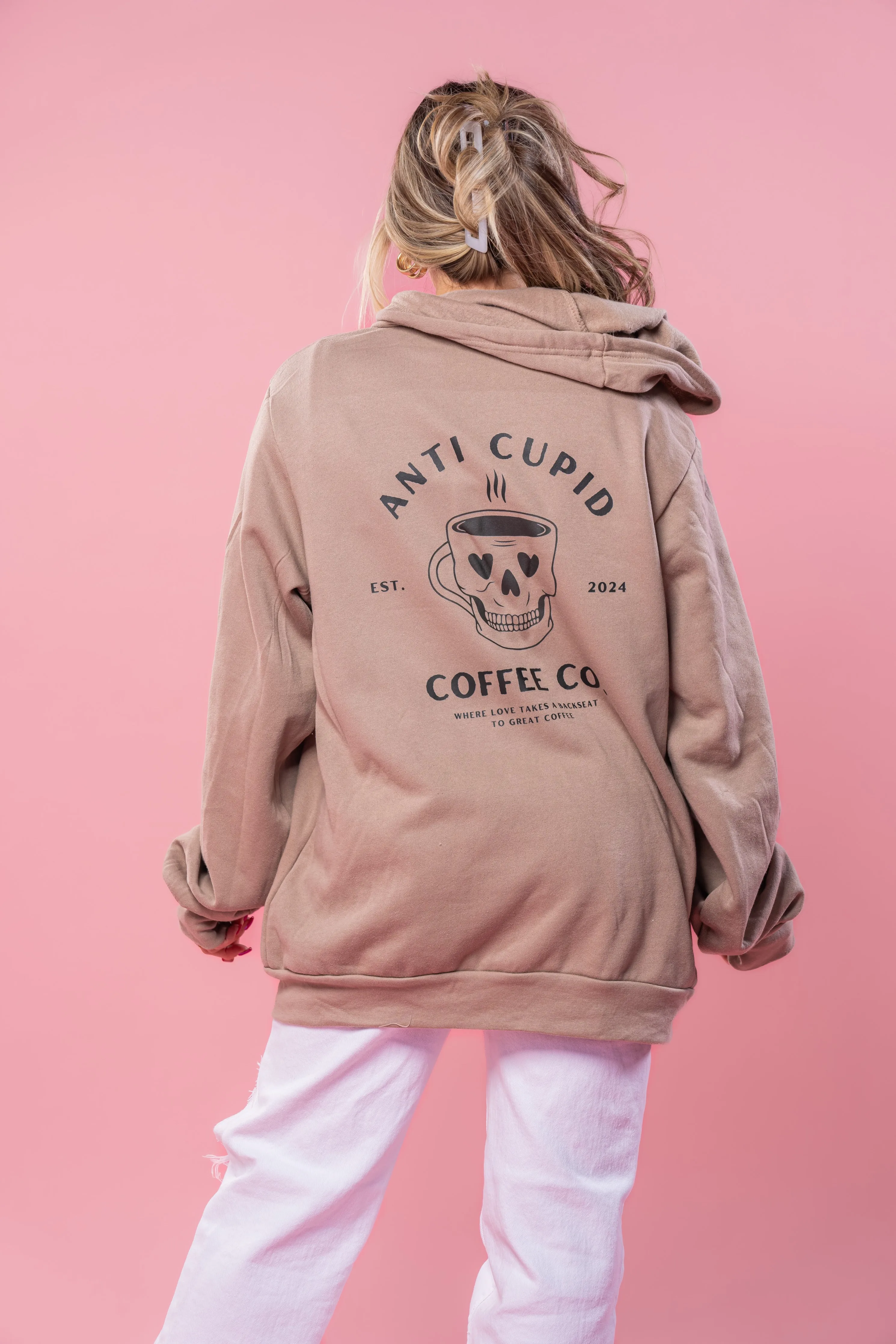 Anti Cupid Coffee Co. (Pocket & Back) - Zip-up Hoodie (Toffee)