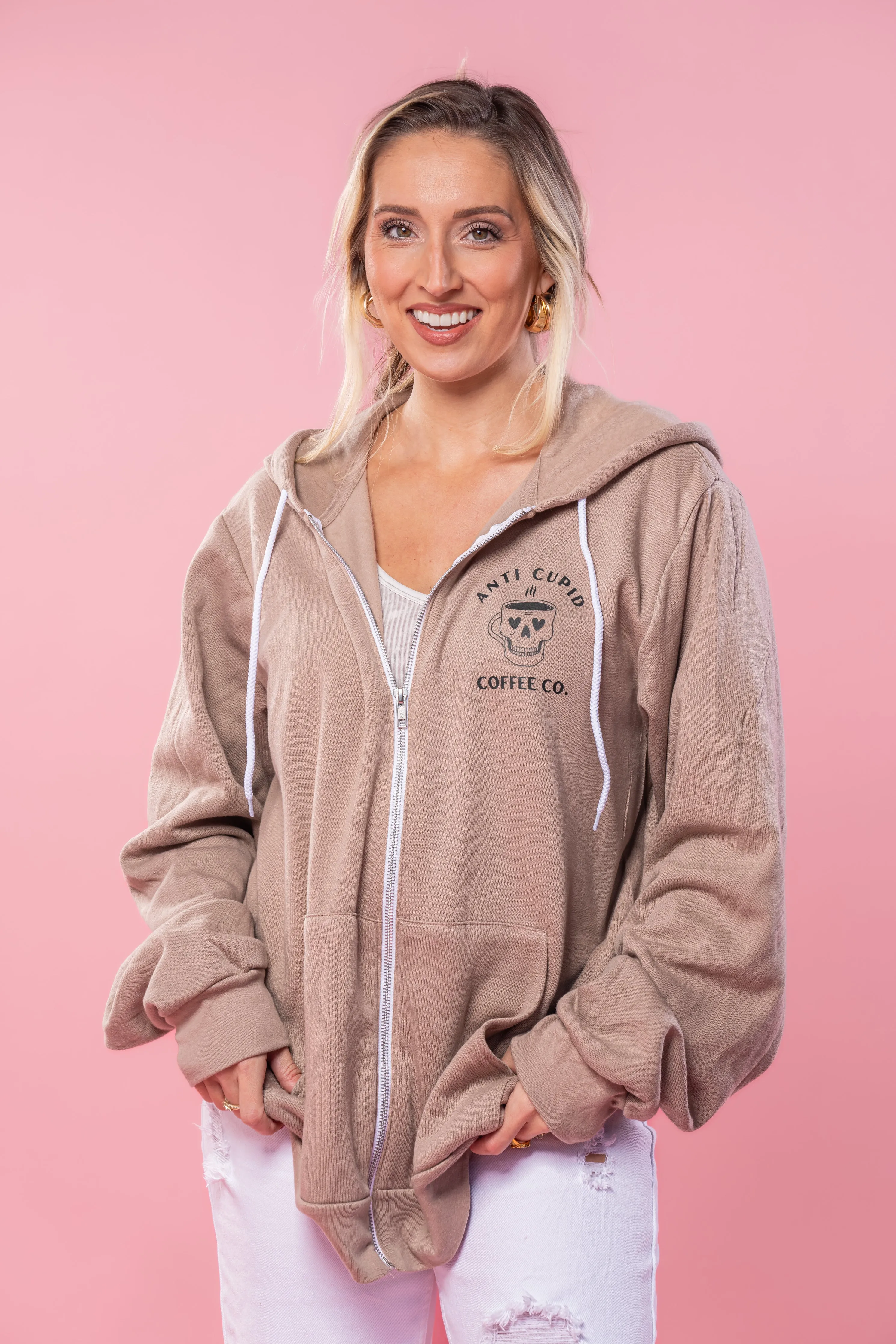 Anti Cupid Coffee Co. (Pocket & Back) - Zip-up Hoodie (Toffee)