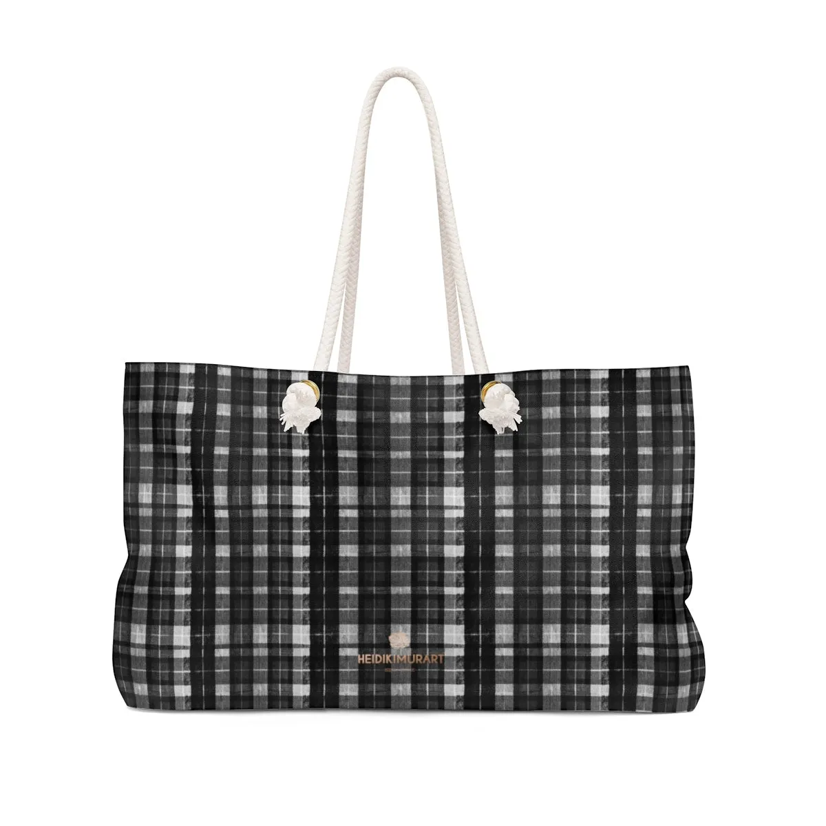 Black Plaid Weekender Bag, Dark Tartan Print Oversized 24"x13" Large Tote Bag-Made in USA