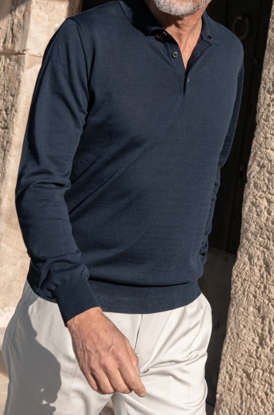 Blue Long Sleeve Cotton Polo - Made in Italy