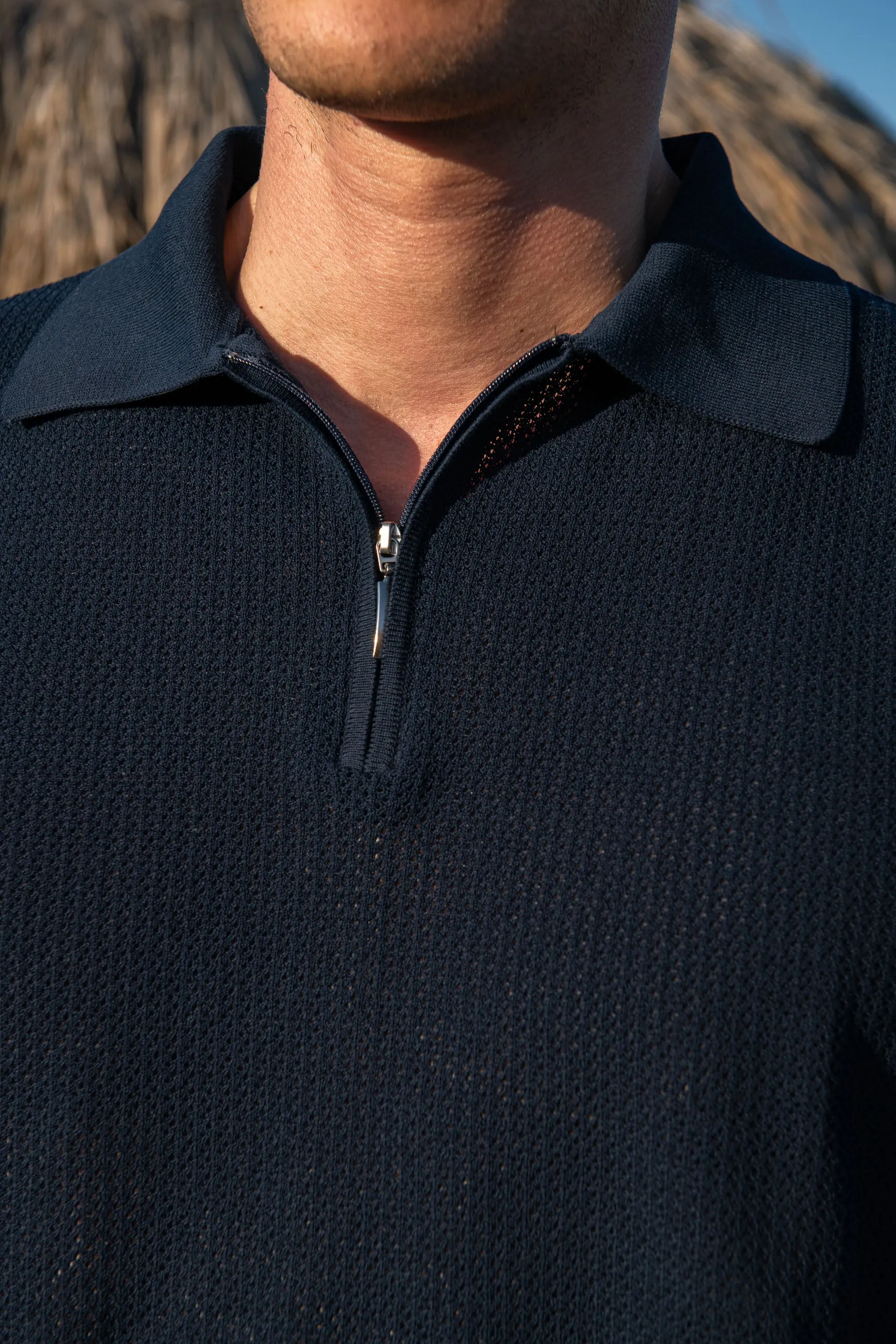 Blue textured knit polo with zip - Made in Italy