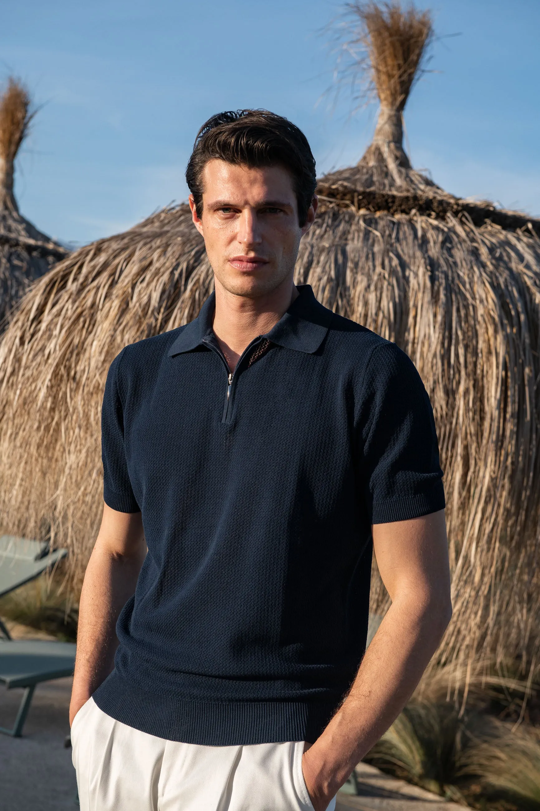 Blue textured knit polo with zip - Made in Italy