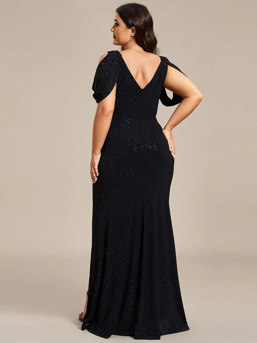 Cold Shoulder Puff Sleeve Shiny Belt Backless Glitter Evening Dress