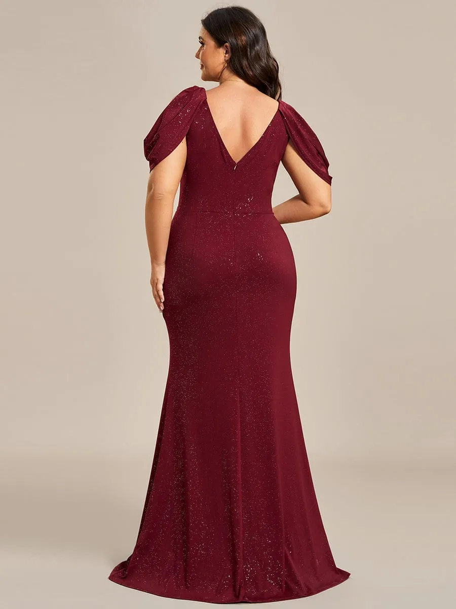 Cold Shoulder Puff Sleeve Shiny Belt Backless Glitter Evening Dress