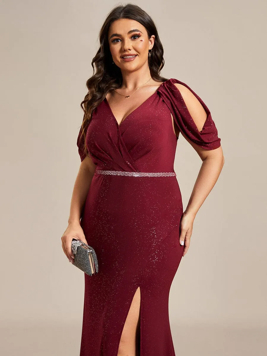 Cold Shoulder Puff Sleeve Shiny Belt Backless Glitter Evening Dress