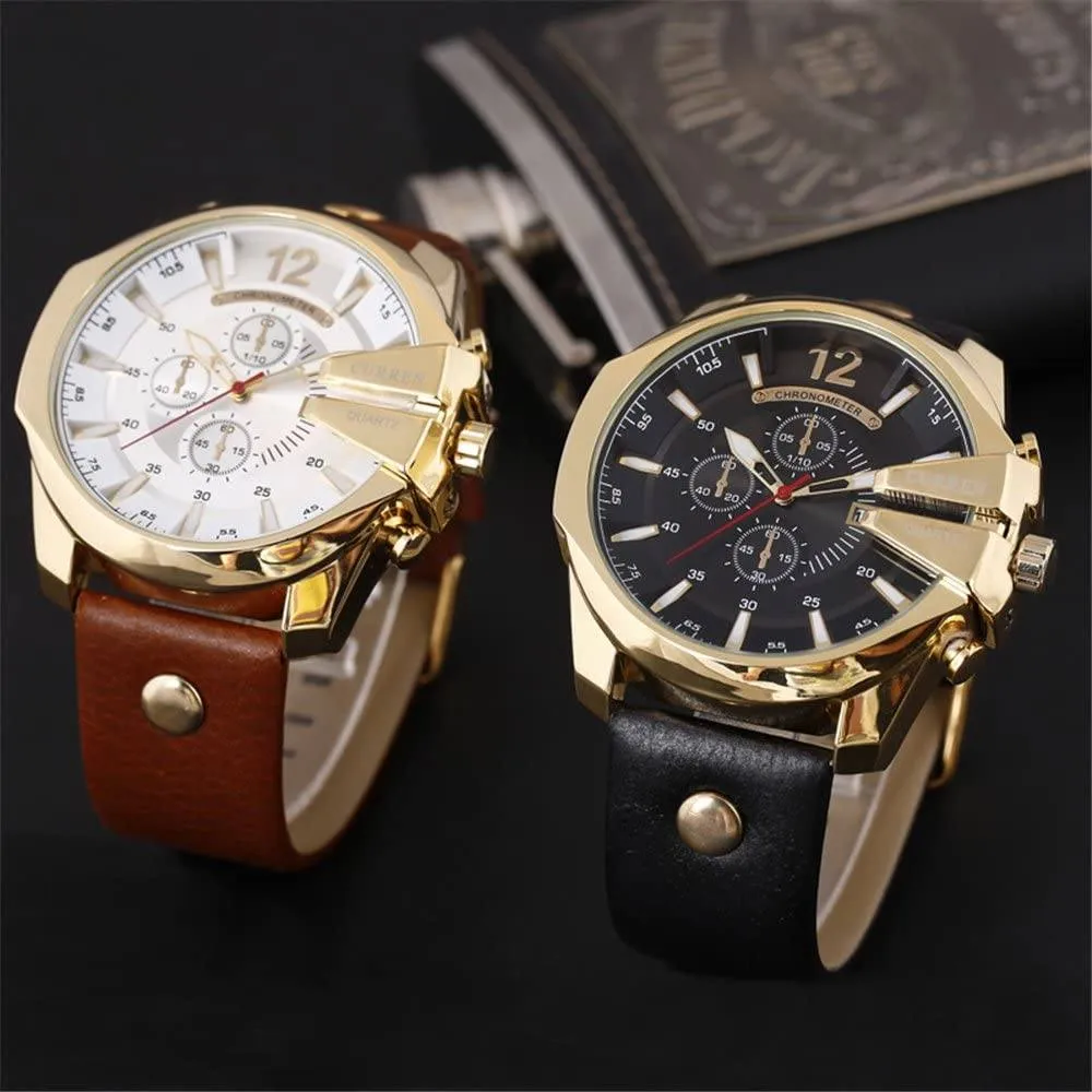 CRNXPro™ Men's Gold Big Dial, Leather Strap Sport Wristwatch