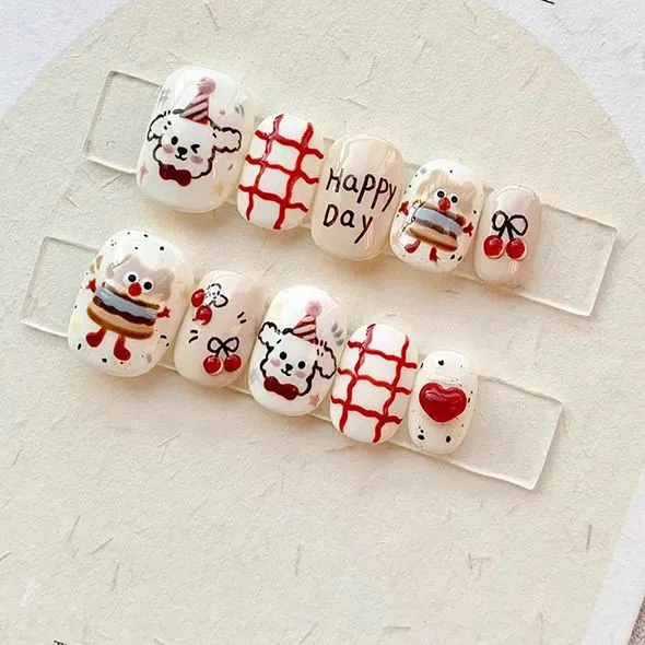 Cute Painted Cartoon Dog Finger Nails Happy Day Press Ons