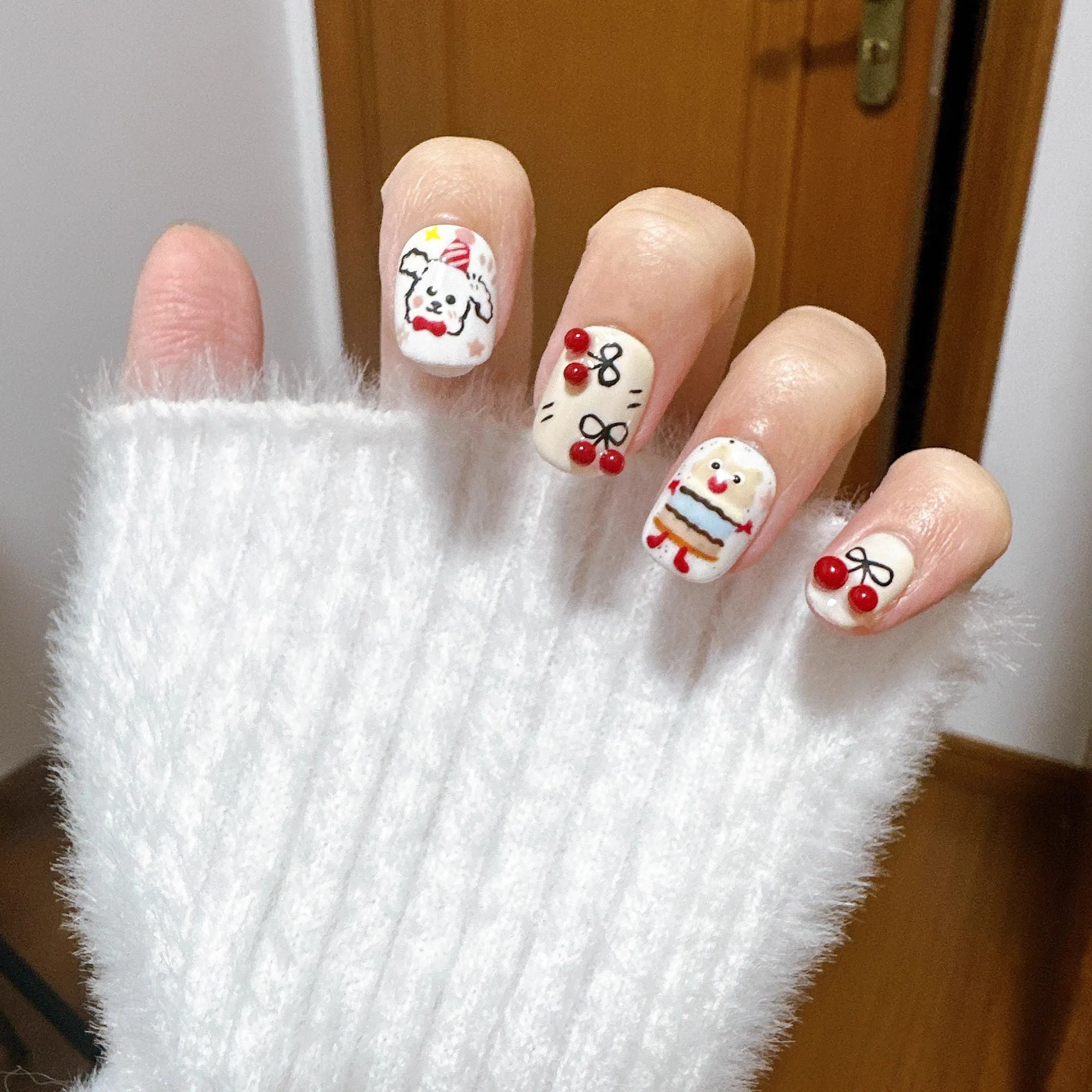 Cute Painted Cartoon Dog Finger Nails Happy Day Press Ons