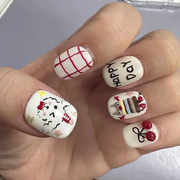 Cute Painted Cartoon Dog Finger Nails Happy Day Press Ons