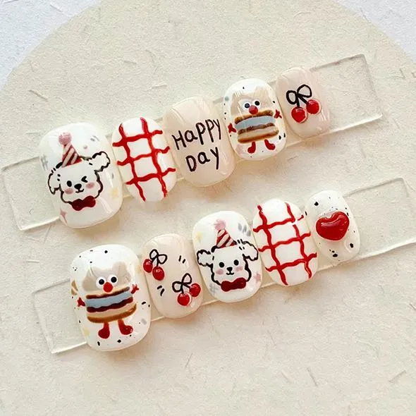 Cute Painted Cartoon Dog Finger Nails Happy Day Press Ons