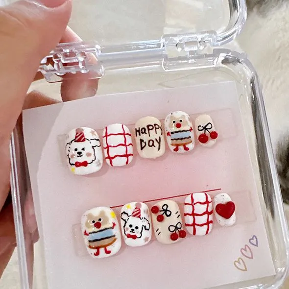 Cute Painted Cartoon Dog Finger Nails Happy Day Press Ons