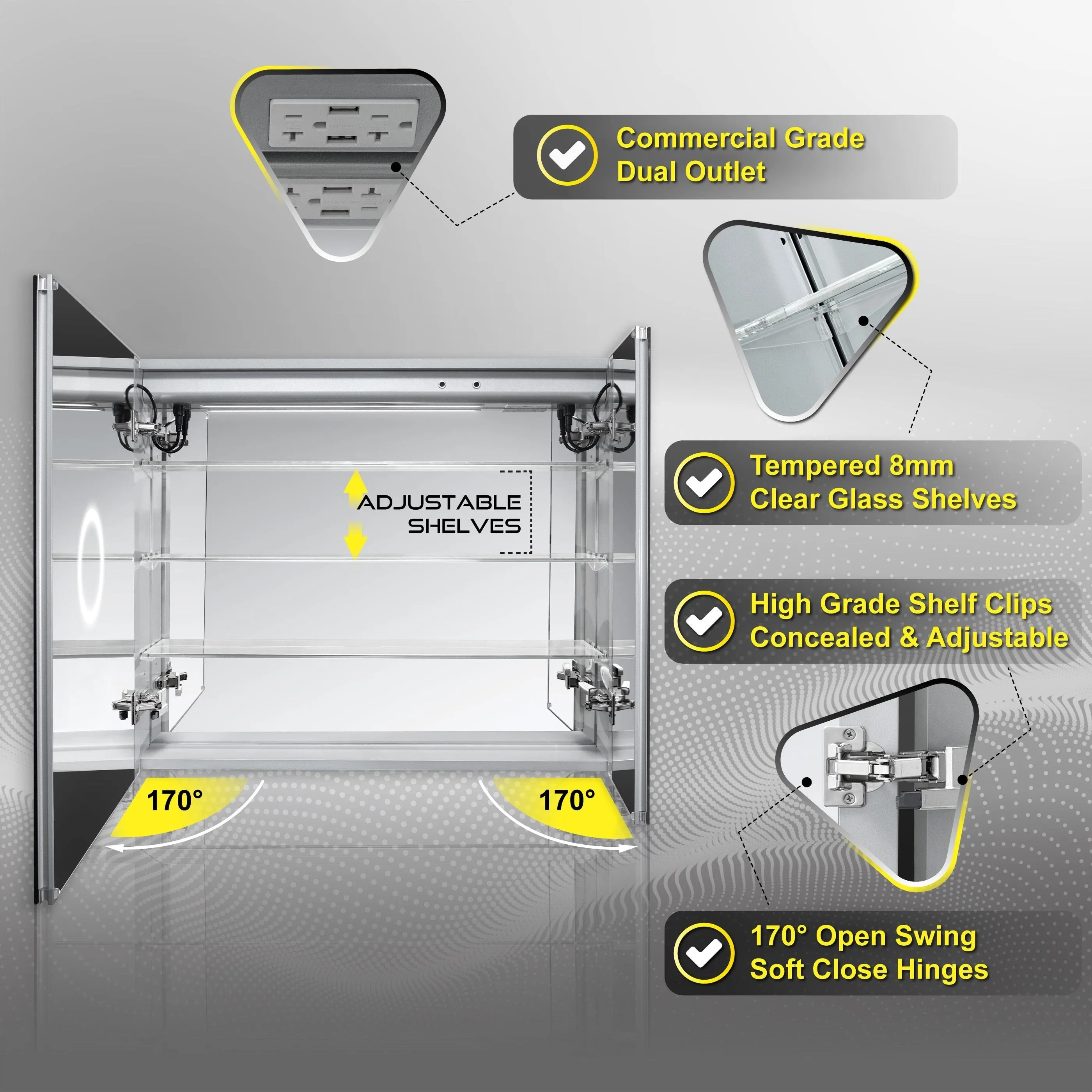 DECADOM LED Mirror Medicine Cabinet Recessed or Surface, Defogger, Dimmer, Clock, Room Temp Display, Makeup Mirror 3X, Outlets & USBs AURA 36x30