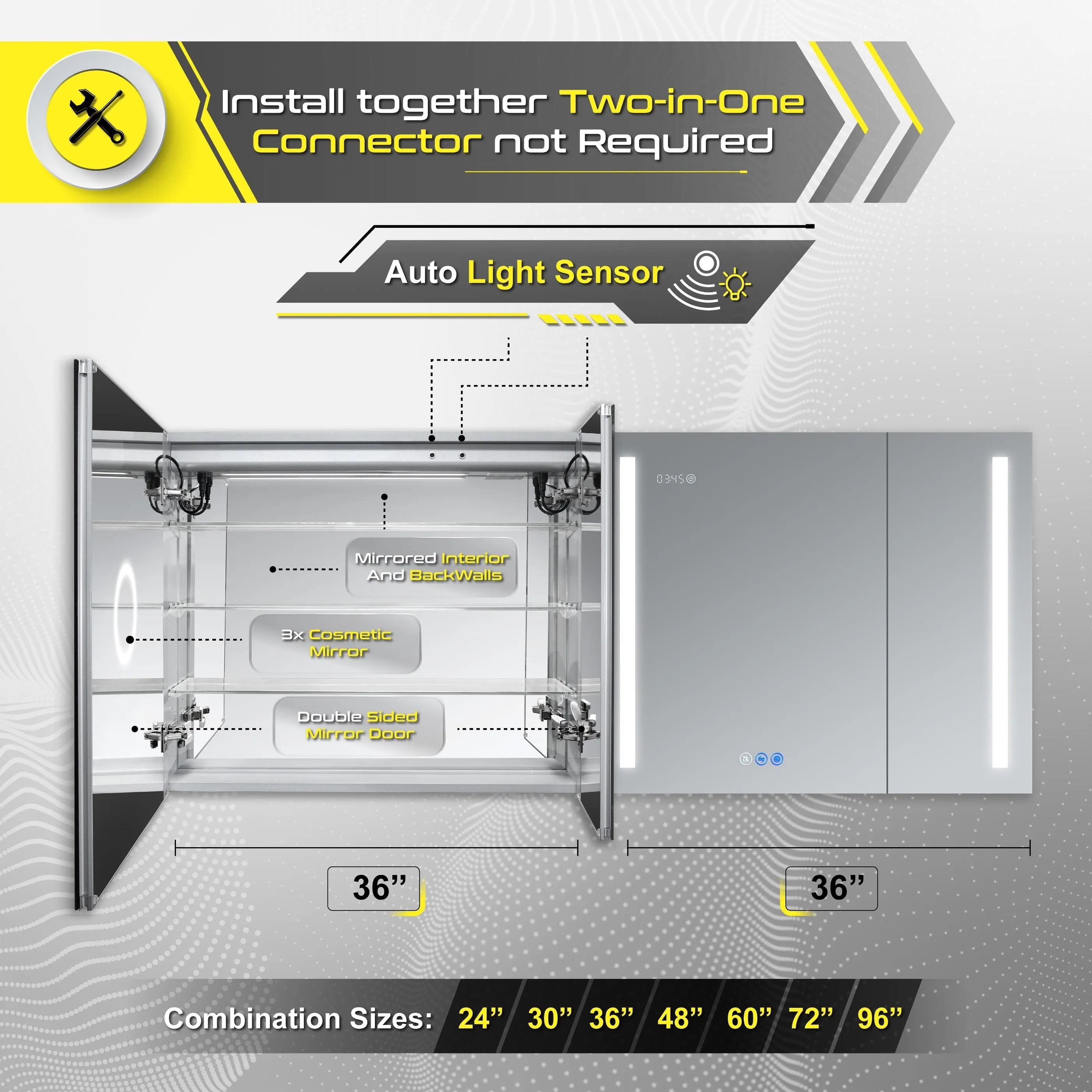 DECADOM LED Mirror Medicine Cabinet Recessed or Surface, Defogger, Dimmer, Clock, Room Temp Display, Makeup Mirror 3X, Outlets & USBs AURA 36x30