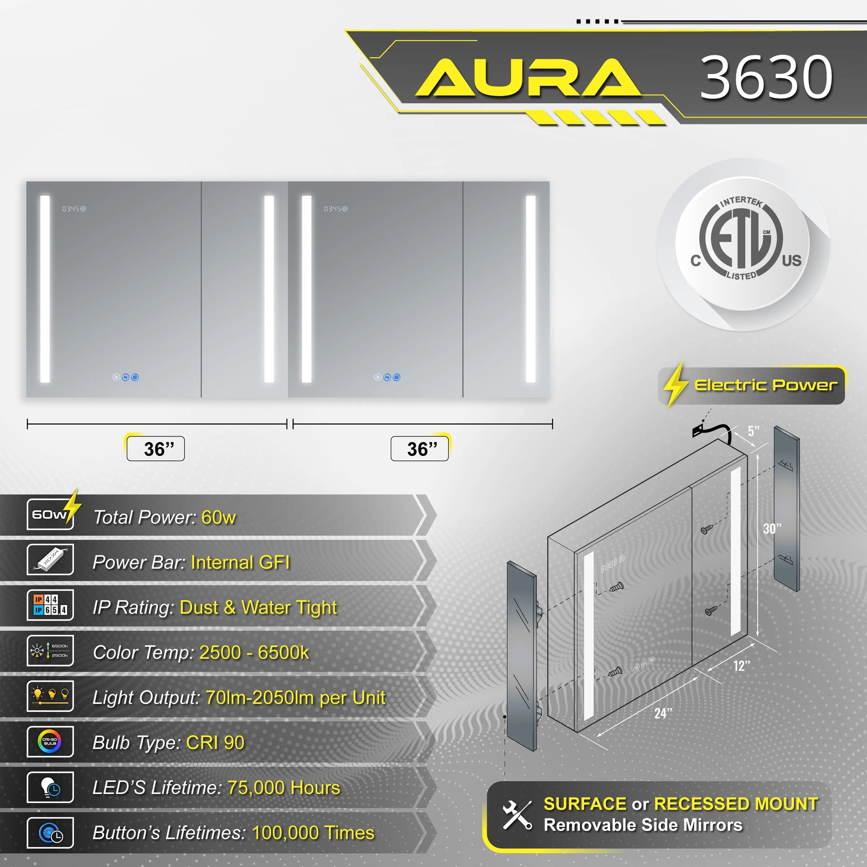 DECADOM LED Mirror Medicine Cabinet Recessed or Surface, Defogger, Dimmer, Clock, Room Temp Display, Makeup Mirror 3X, Outlets & USBs AURA 36x30