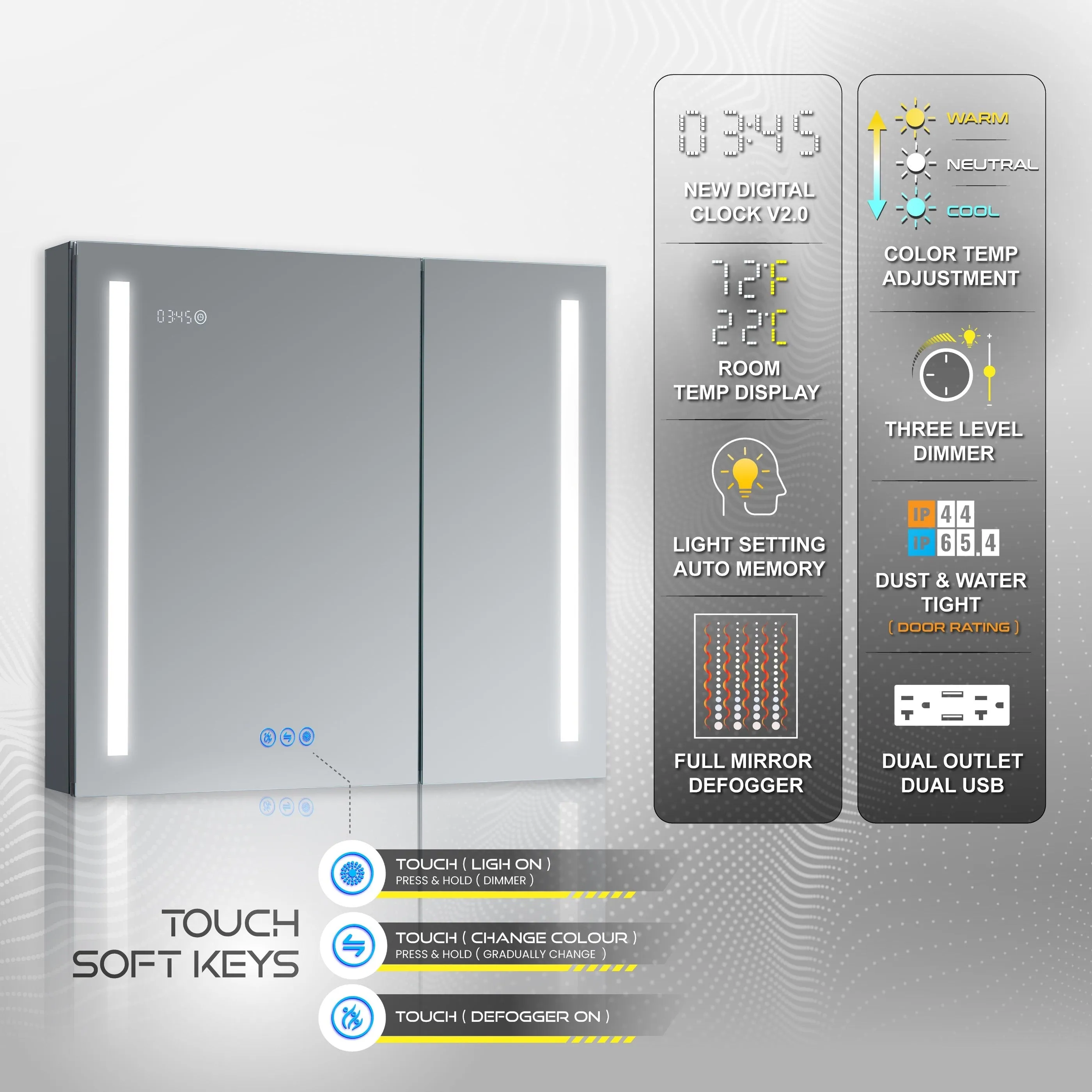 DECADOM LED Mirror Medicine Cabinet Recessed or Surface, Defogger, Dimmer, Clock, Room Temp Display, Makeup Mirror 3X, Outlets & USBs AURA 36x30