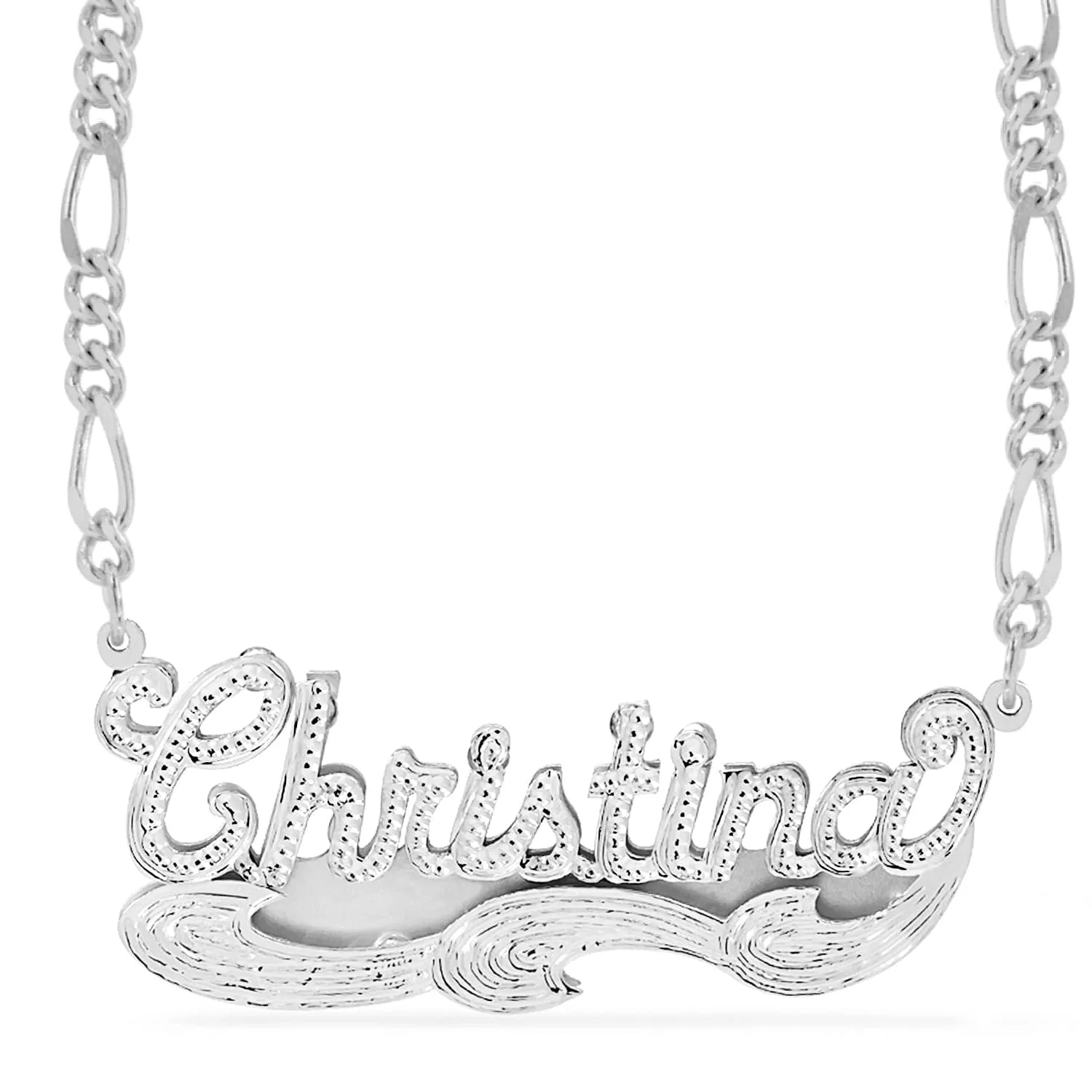 Double Name Necklace w/Beading-Rhodium Christina with Figaro chain