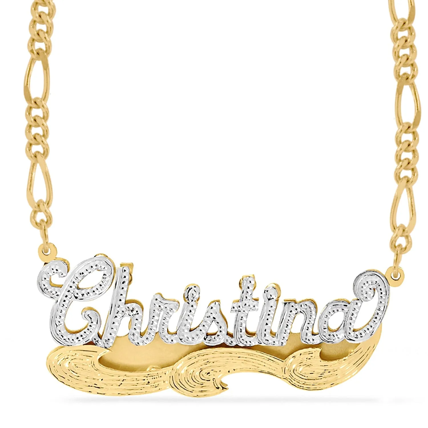 Double Name Necklace w/Beading-Rhodium Christina with Figaro chain