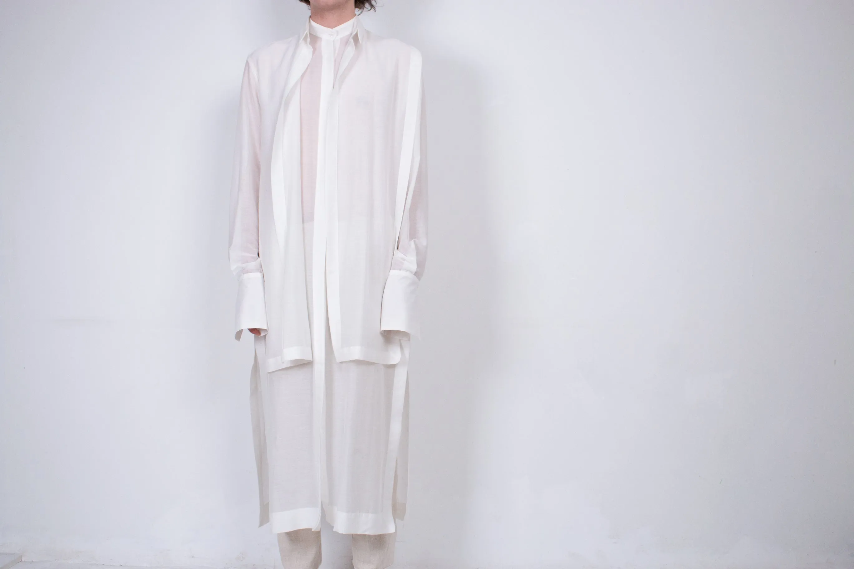 Elongated White Layered Silk Shirt