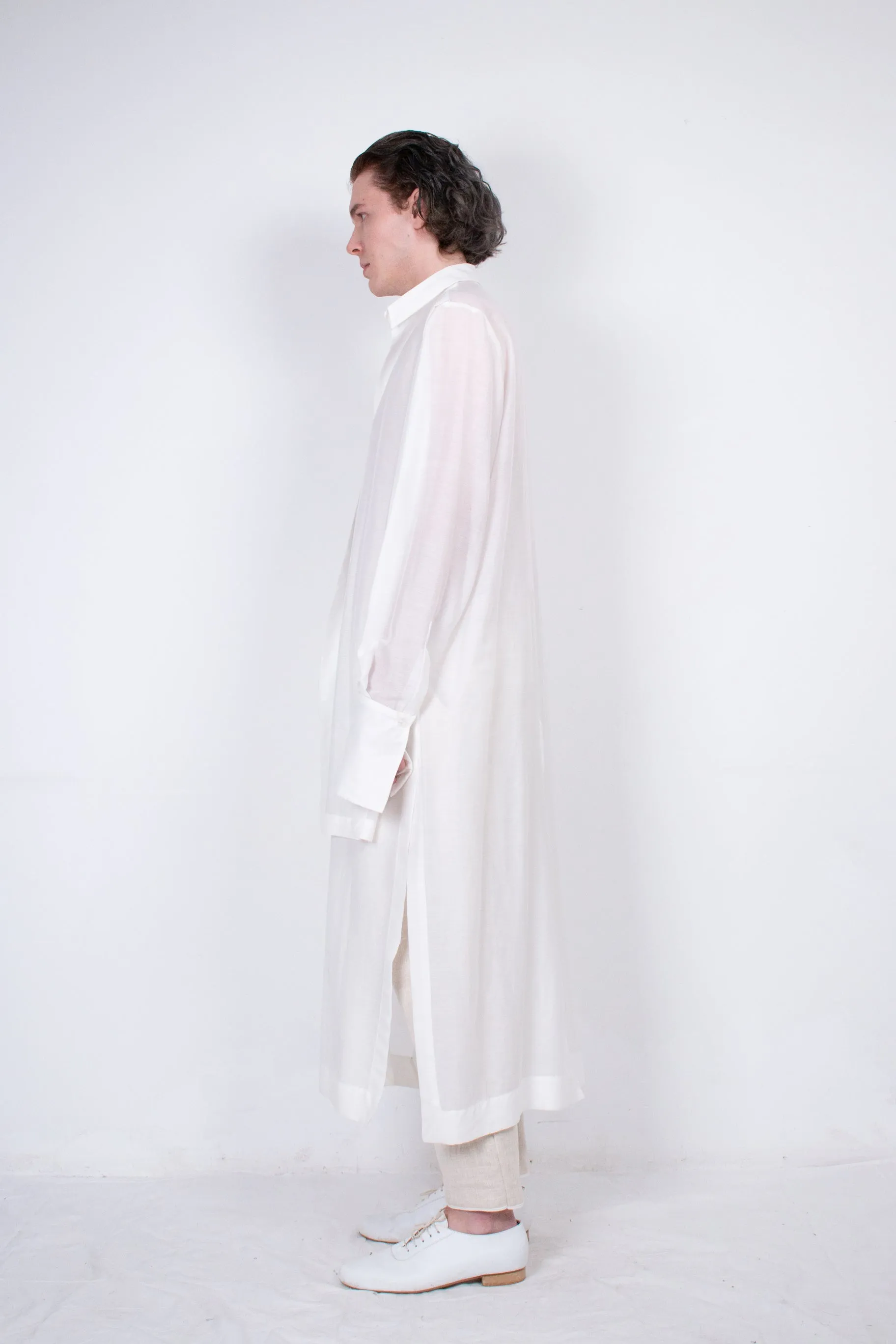 Elongated White Layered Silk Shirt