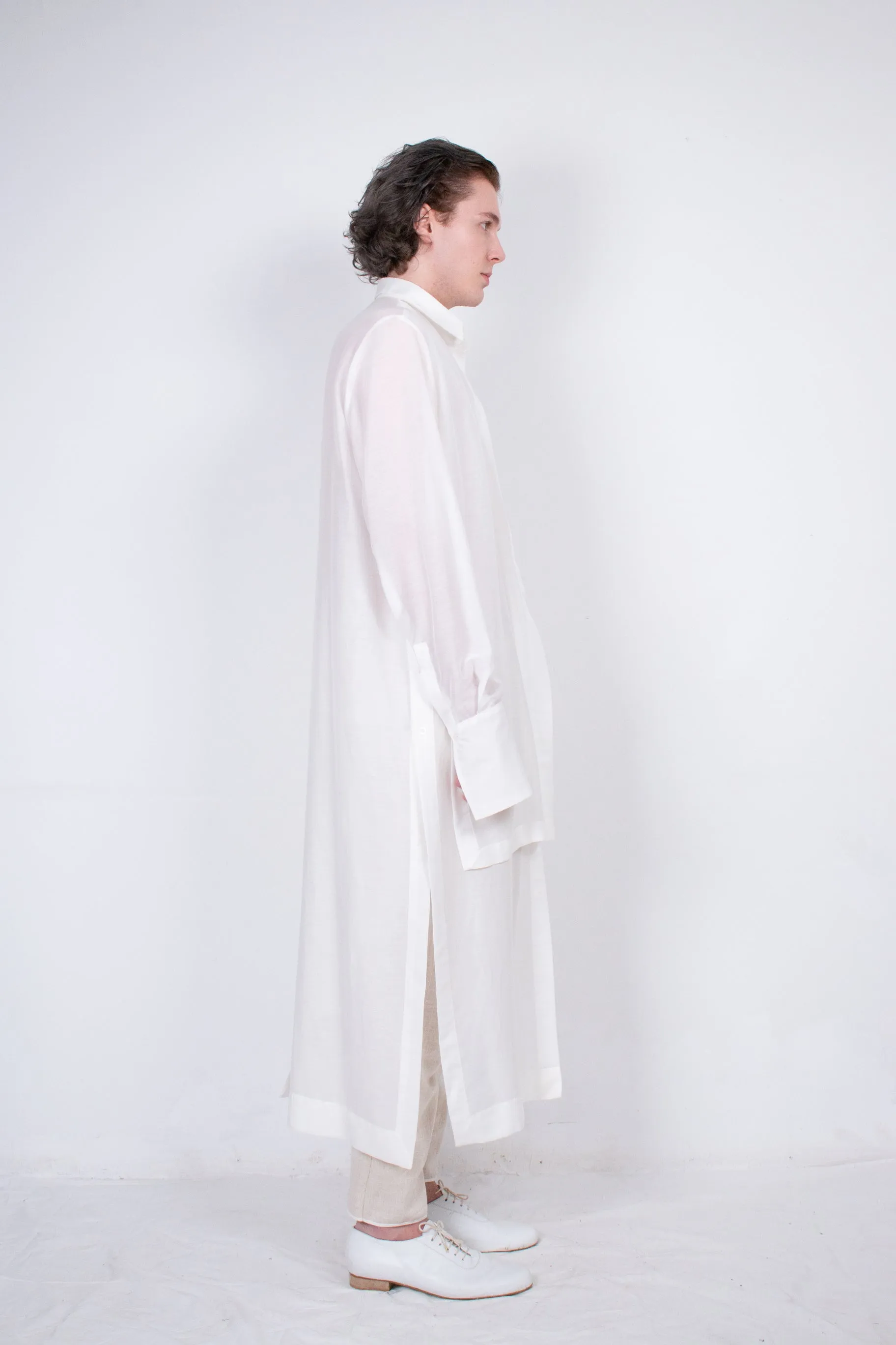 Elongated White Layered Silk Shirt