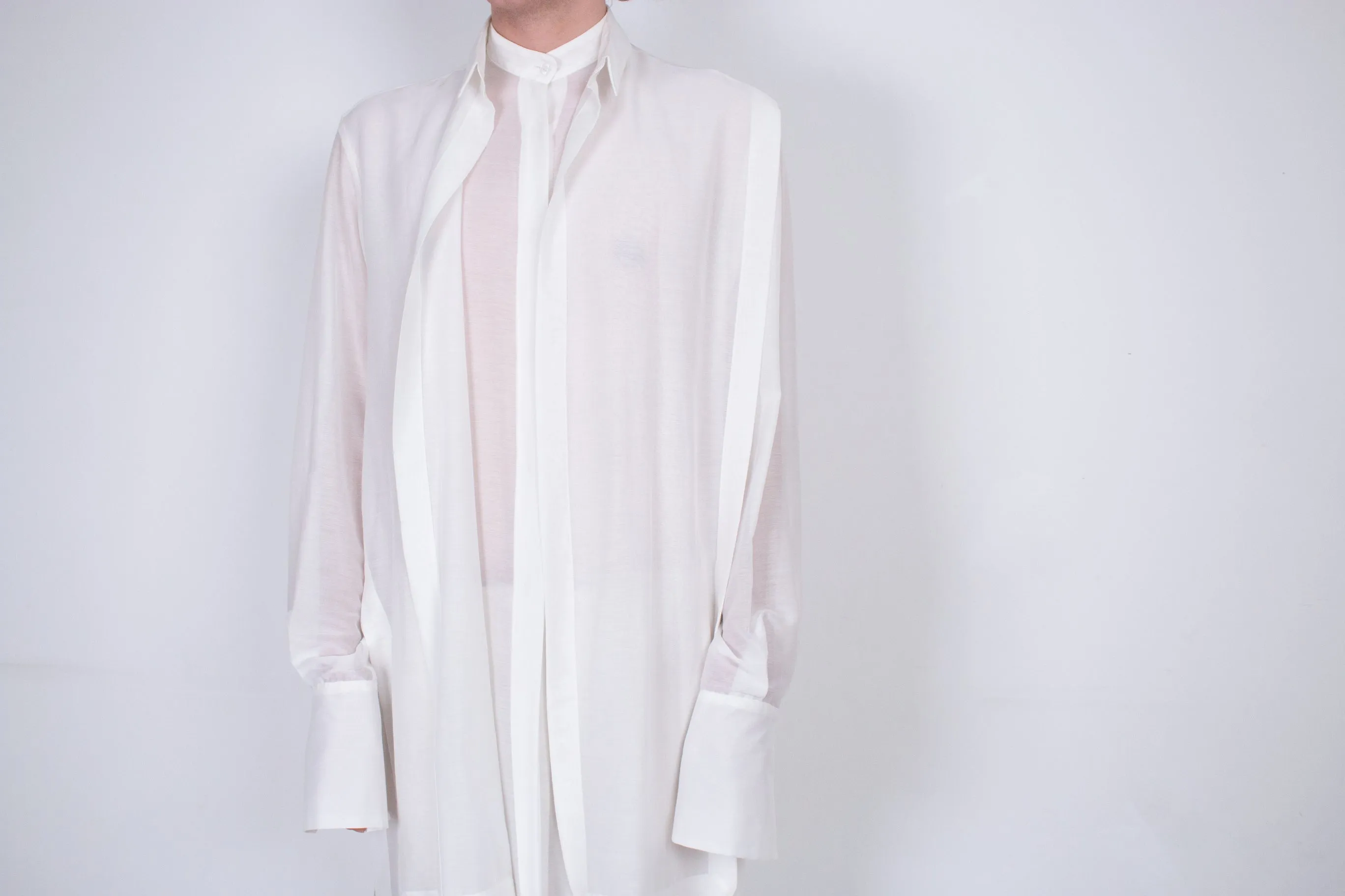 Elongated White Layered Silk Shirt