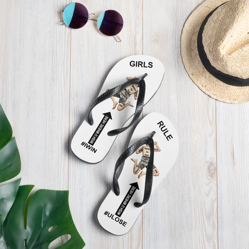 GIRLS RULE flip flops with CRUSHED TINY MAN underfoot white fabric NEW (2020-05-10)