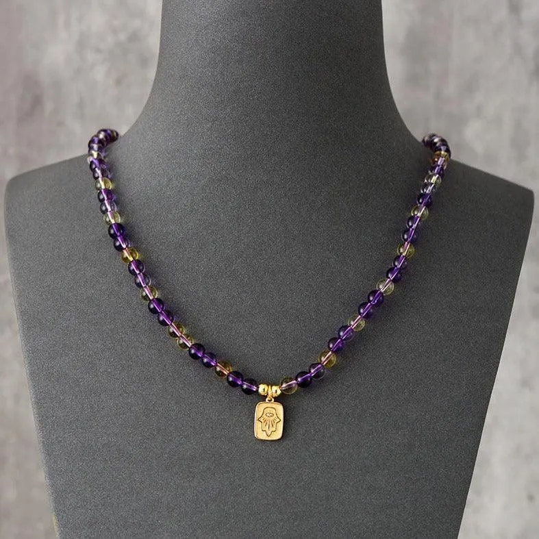 Hamsa Amethyst Citrine 108 Mala Beads Necklace