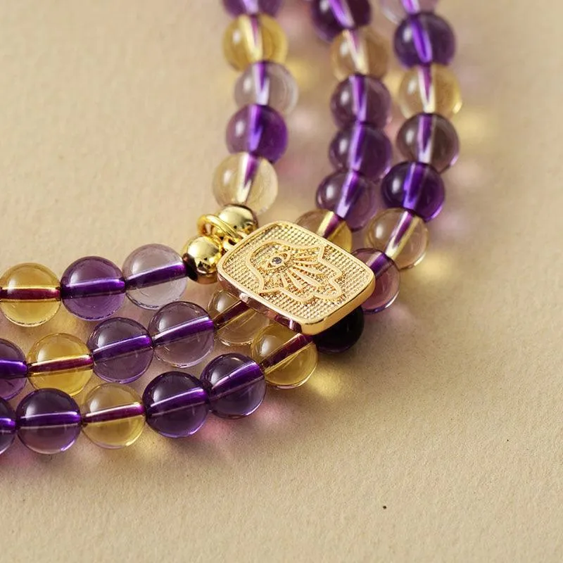 Hamsa Amethyst Citrine 108 Mala Beads Necklace