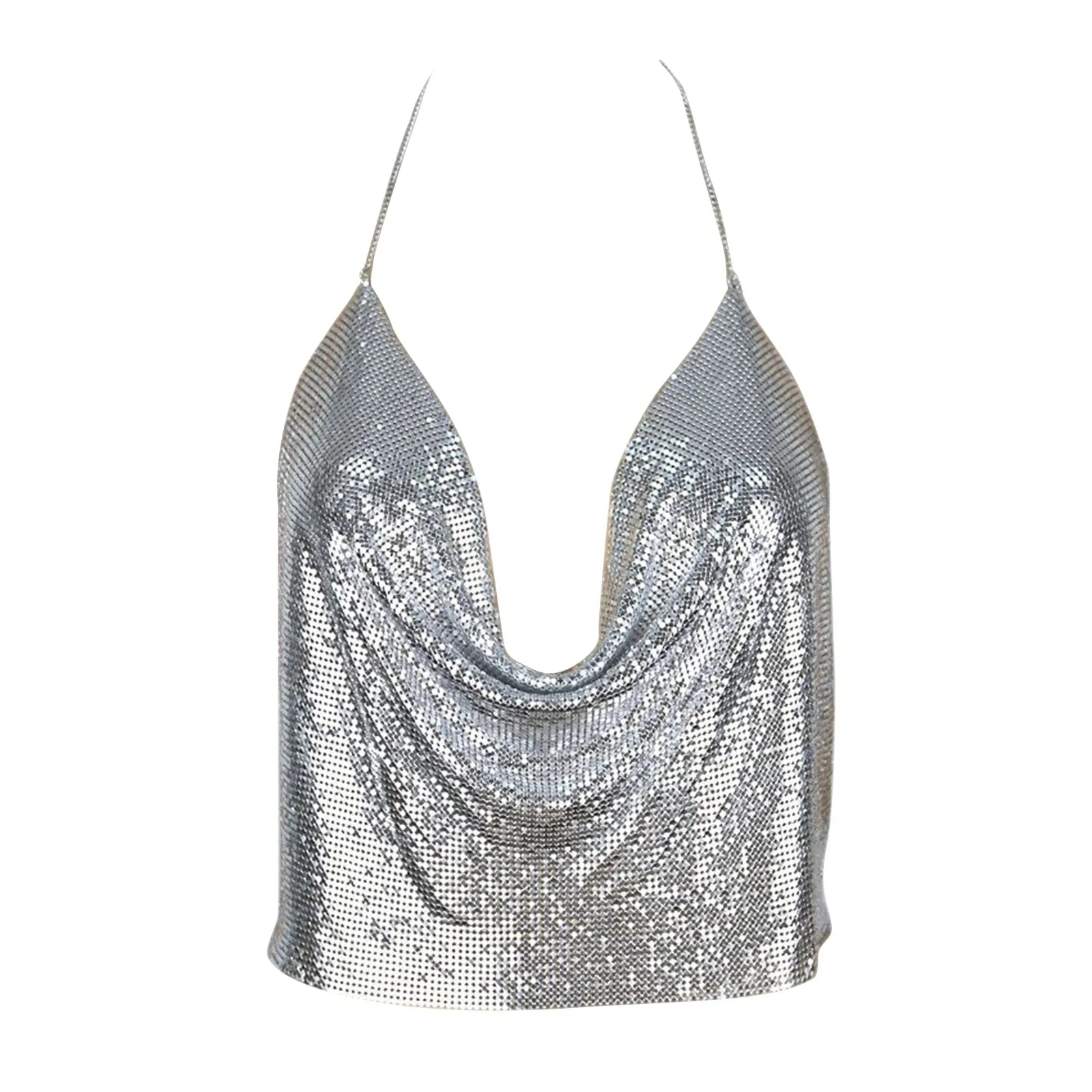 Metal Sequins Backless Chain Halter Crop Top