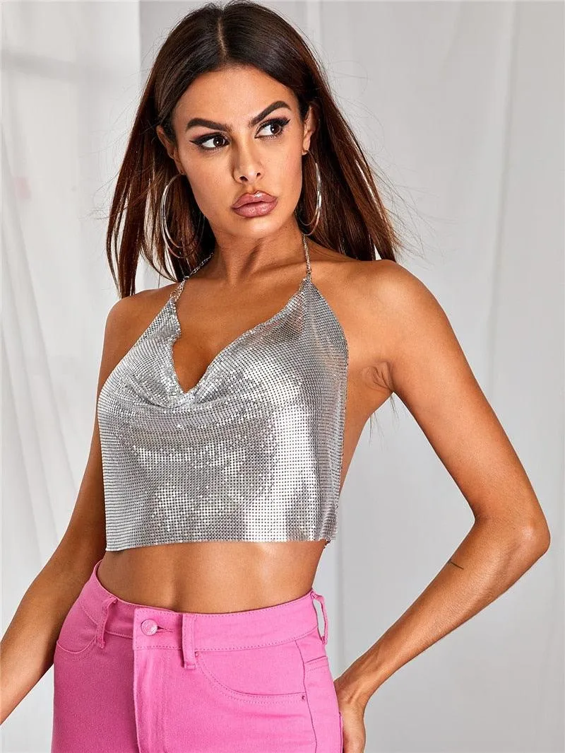 Metal Sequins Backless Chain Halter Crop Top