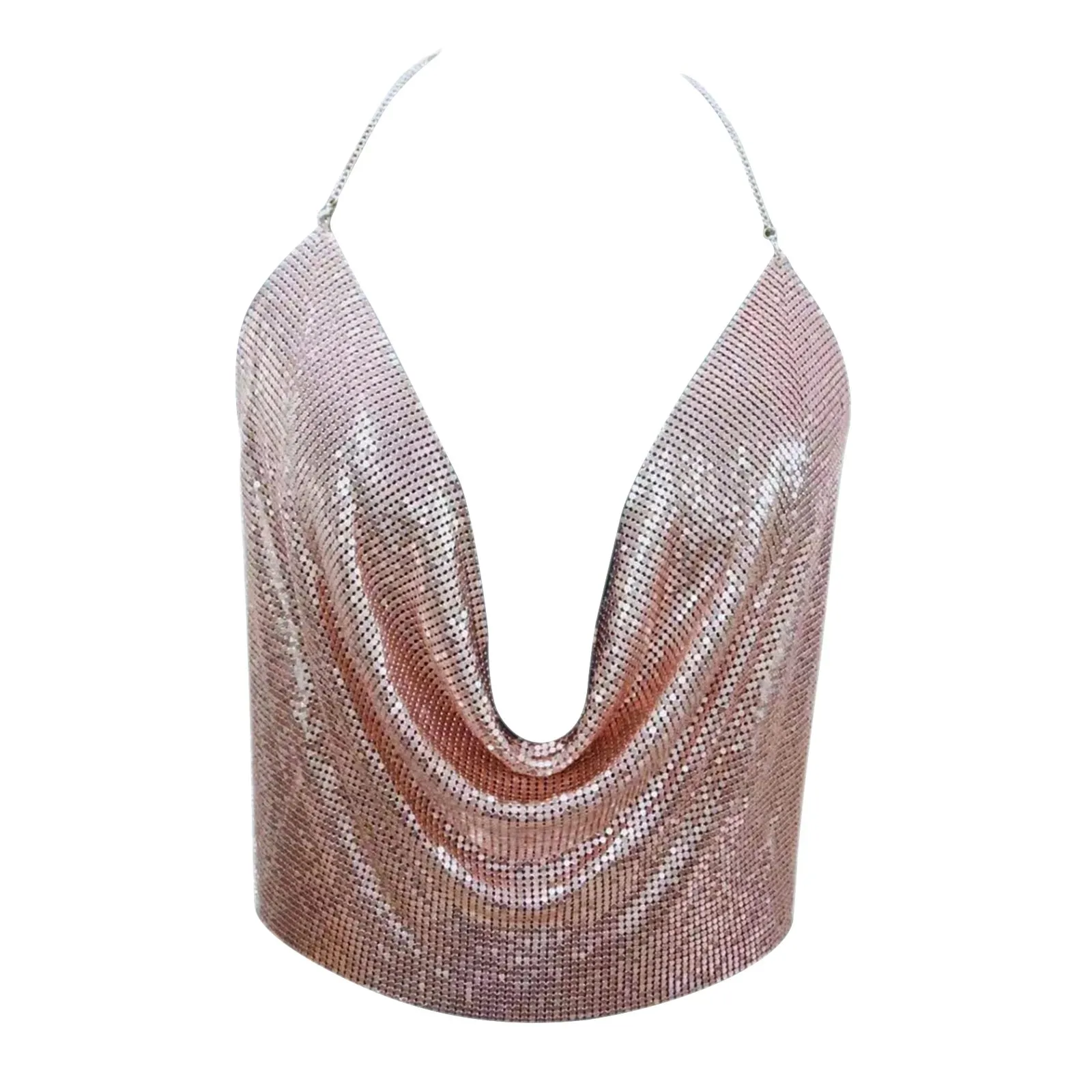 Metal Sequins Backless Chain Halter Crop Top