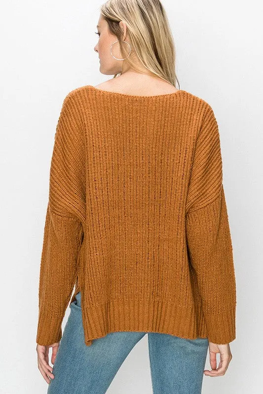 Tabby V Neck Sweater- Rust