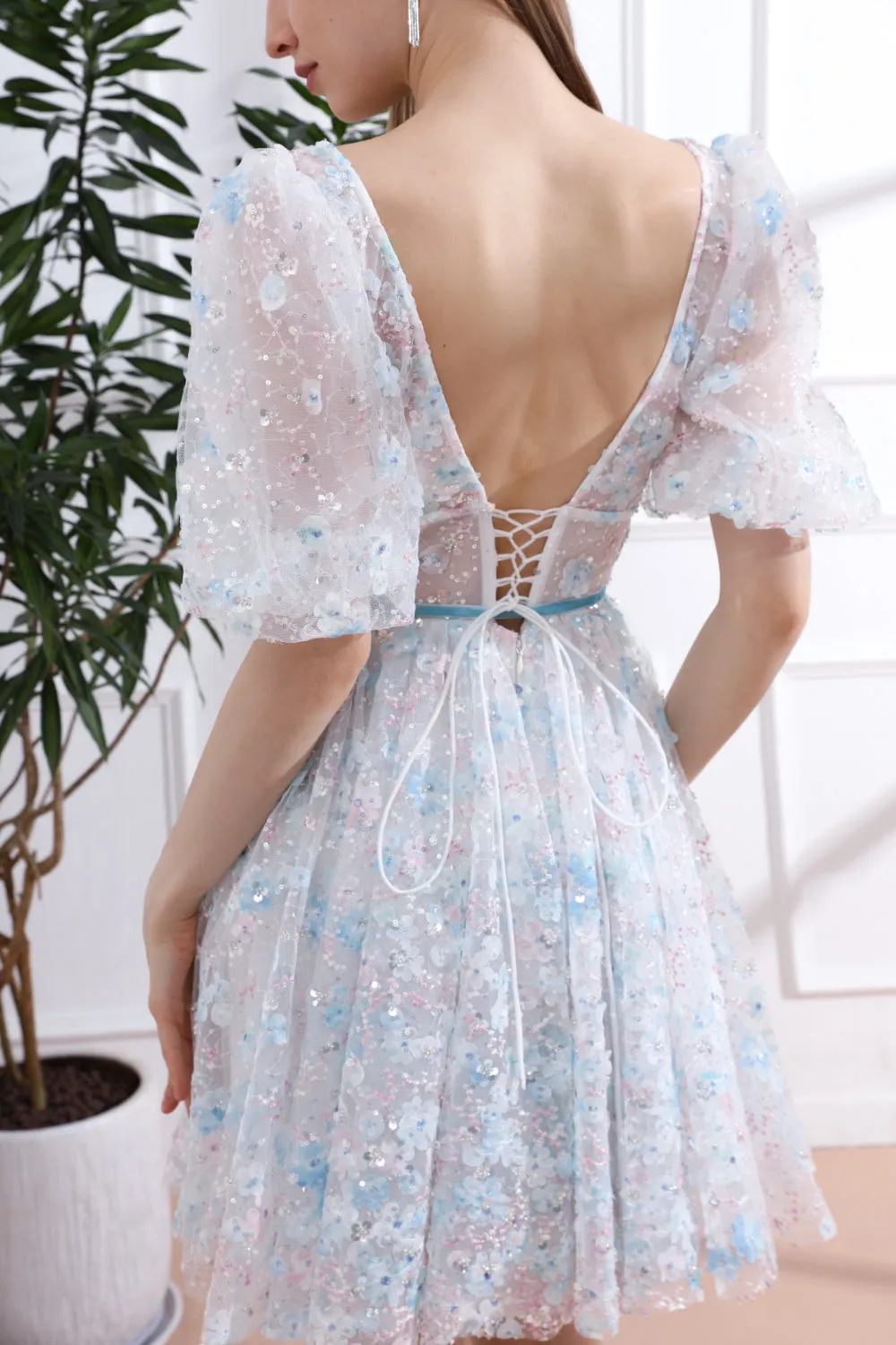 V Neck Sky Blue Floral Beaded Dress with Short Puff Sleeves