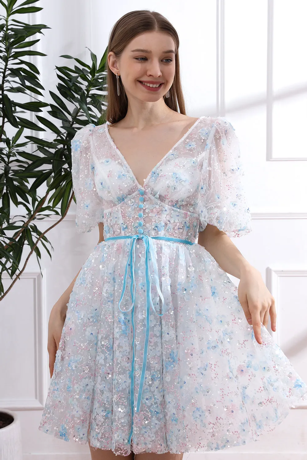 V Neck Sky Blue Floral Beaded Dress with Short Puff Sleeves