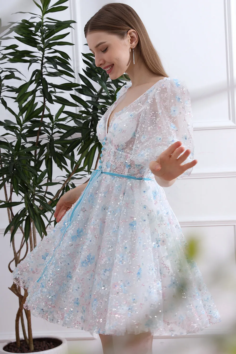 V Neck Sky Blue Floral Beaded Dress with Short Puff Sleeves