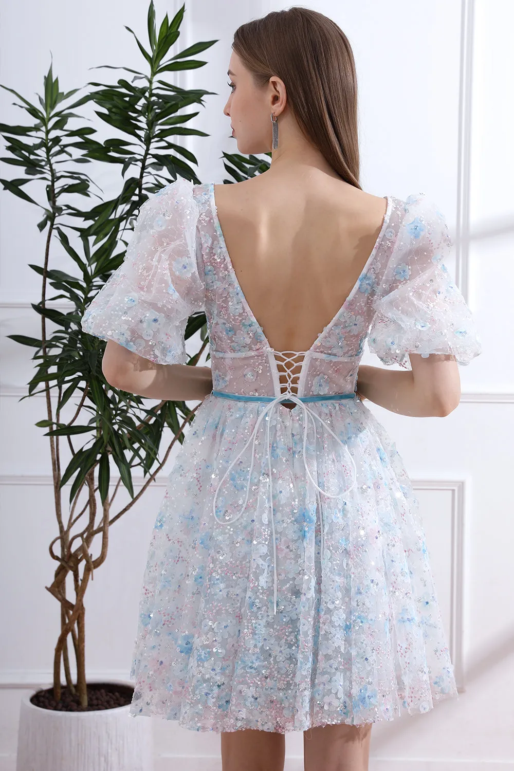 V Neck Sky Blue Floral Beaded Dress with Short Puff Sleeves