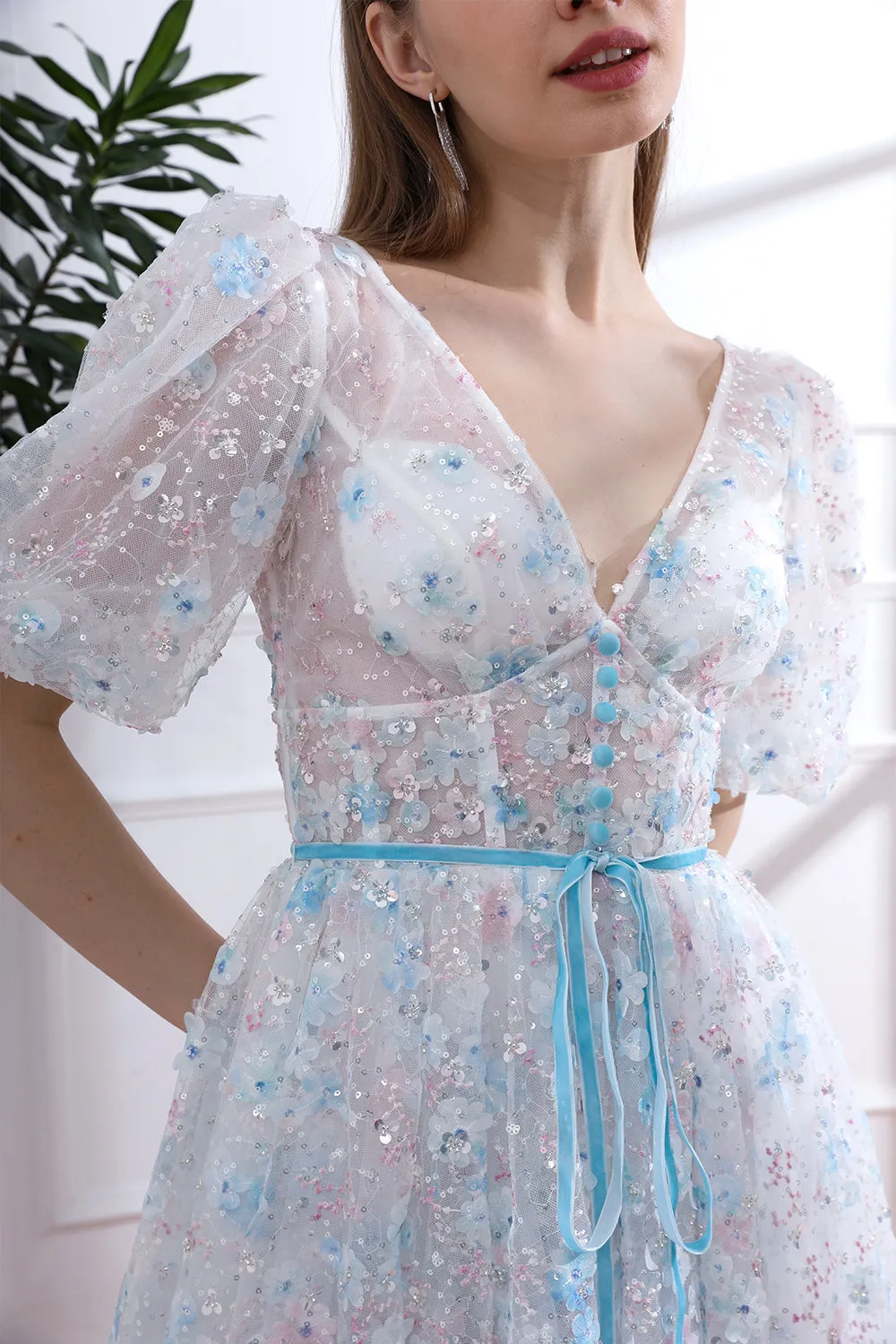 V Neck Sky Blue Floral Beaded Dress with Short Puff Sleeves